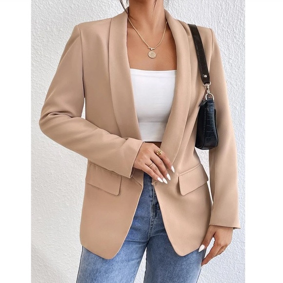 Beige Blazer Jacket Shawl Collar Long Sleeve - Picture 3 of 7
